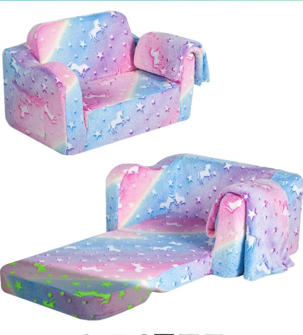 MeMoreCool Kids Couch Fold Out, Flip Out Sofa Chair with Blanket, Foldable Toddler Couch for Girls Boys, Children Convertible Sofa to Lounger Pull Out Couch, Glowing Rainbow Cushion | EZ Auction