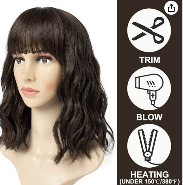 Short Brown Wigs With Air Bangs 12 Inch Synthetic Shoulder Length Curly Wavy Wig for Women Natural Wavy Looking Heat Resistant Bob Wigs for Girl Costume Wigs | EZ Auction