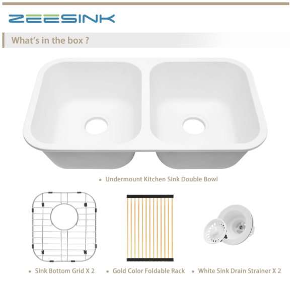 White Kitchen Sink,Double Bowl Kitchen Sinks 32 X 18 inch,Granite Composite Undermount Sink,Double Bowl White Kitchen Sink with Special R80 Round Corner | EZ Auction