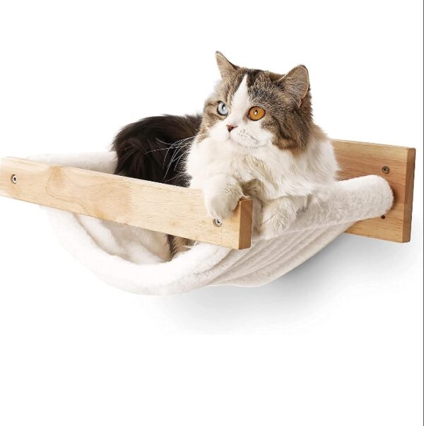 FUKUMARU Cat Hammock Wall Mounted, Kitty Beds and Perches, Wooden Cat Wall Furniture, Stable Cat Wall Shelves for Sleeping, Playing, Climbing, and Lounging, White Flannel Cat Shelves | EZ Auction