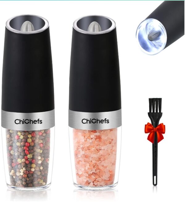 Gravity Electric Salt and Pepper Grinder Set, Automatic Salt and Pepper Mill Grinder, Battery Operated with White LED Light, Adjustable Coarseness, One Handed Operation, Matte Black | EZ Auction