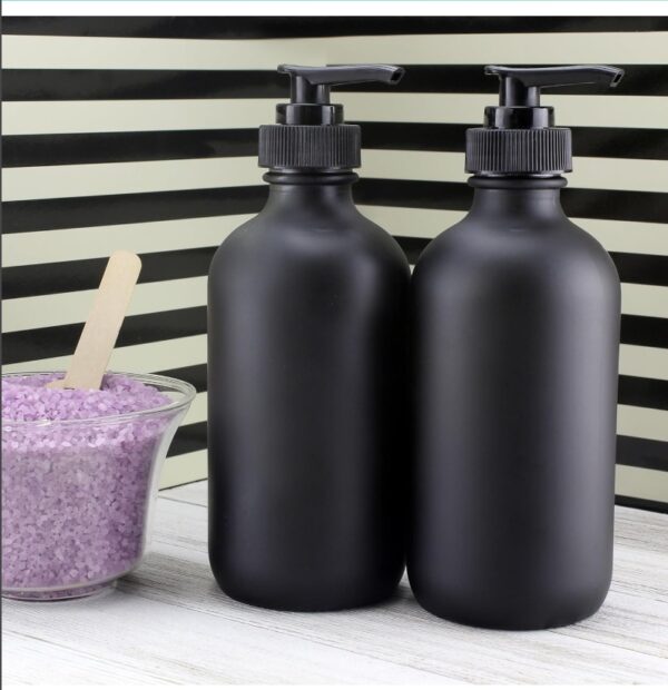 Cornucopia Black Coated 8-Ounce Glass Pump Bottles (4-Pack), Great for Lotions, Liquid Soap, Aromatherapy and More | EZ Auction