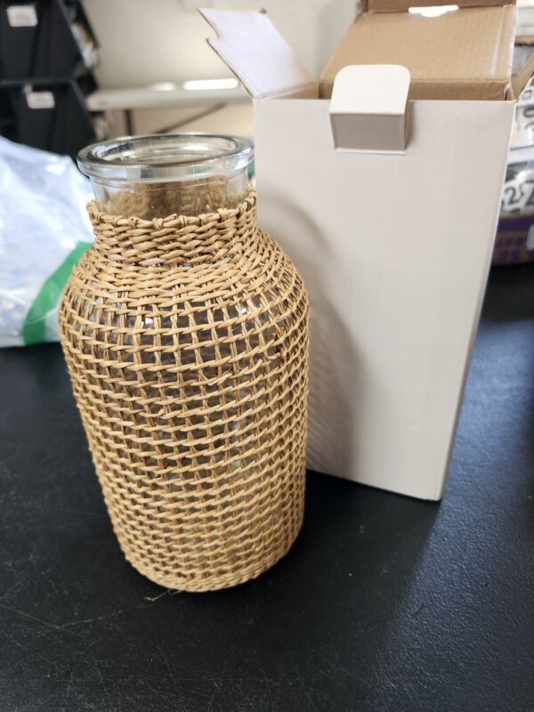 WHJY Boho Glass Vase, Rattan Vase, Farmhouse Rattan Décor, Round Flower Vase Basket Vase for Floral Arrangements -8 inch | EZ Auction