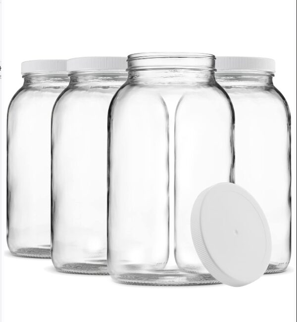 Paksh Novelty 1-Gallon Glass Jar Wide Mouth with Airtight Plastic Lid - USDA Approved BPA-Free Dishwasher Safe Mason Jar for Fermenting, Kombucha, Kefir, Storing and Canning Uses, Clear (4 Pack) | EZ Auction