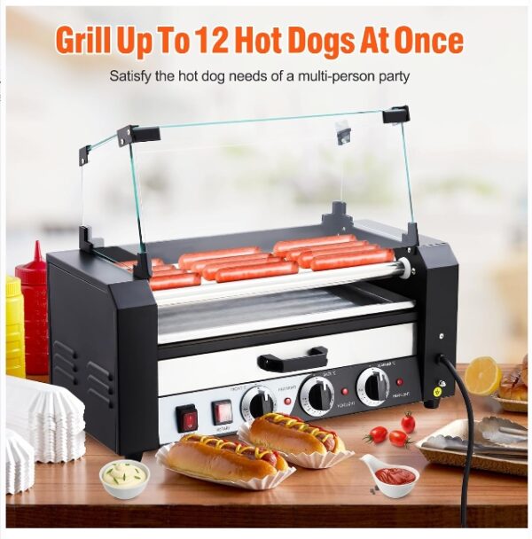 Litake Hot Dog Roller, 5 Rollers 12 Hot Dogs Capacity 1050W Stainless Sausage Grill Cooker Machine with Removable Oil Drip Tray Dual Temp Control and Glass Hood Cover, Perfect for Commercial and Party | EZ Auction