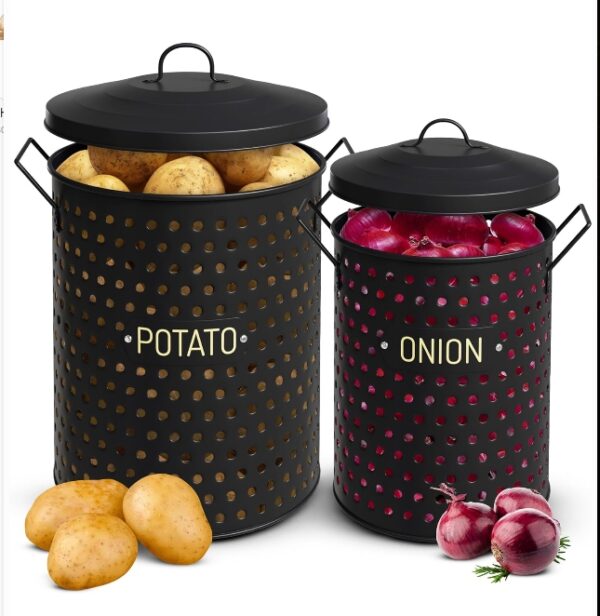 Set of 2 Potato and Onion Storage Bin - Matte Black Finish and Galvanized Kitchen Storage Bins - 10 x 12 Potato Keeper Storage Container - 8.94" Onion Storage Box for Kitchen Counter & More | EZ Auction