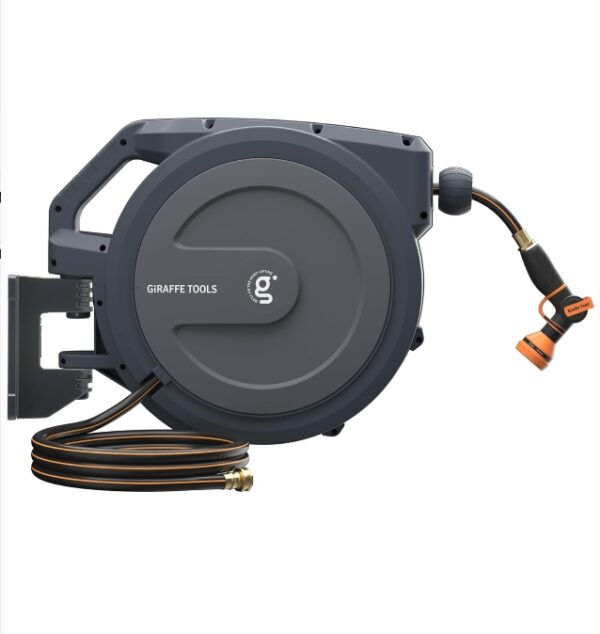 Giraffe Tools AW30 1/2MB Retractable Garden Hose Reel 1/2" x 100 ft PRO Metal Bracket, Heavy Duty, Any Length Lock Hose Reel, 100ft, Dark Grey | EZ Auction