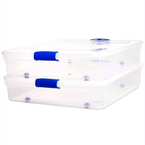 HOMZ 56 Quart Underbed Secure Latching Clear Plastic Storage Container Bin with Lid and Easy Glide Wheels for Home and Office Organization, (2 Pack) | EZ Auction