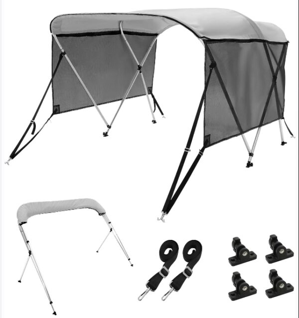 VEVOR 4 Bow / 3 Bow Bimini Tops, Detachable Mesh Sidewalls, 600D Polyester Canopy with 1" Aluminum Alloy Frame, Canvas Top for Boat Includes Storage Boot, 2 Support Poles, 2 Straps, Light Grey | EZ Auction