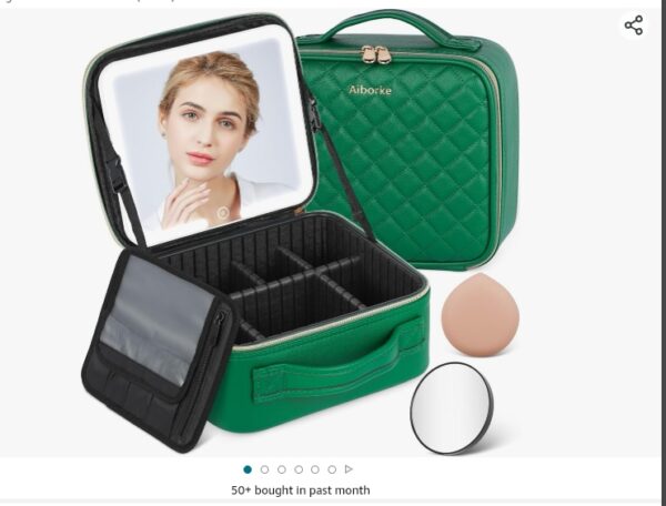 Travel Makeup Bag with Led Mirror Makeup Case with Lighted Mirror Cosmetic Organizer bag with Adjustable Dividers and 5X Magnifying Mirror Gift for Women (Green) | EZ Auction