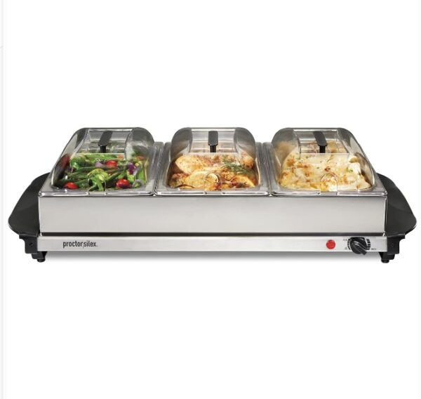 Proctor Silex Buffet Server & Food Warmer, Adjustable Heat, for Parties, Holidays and Entertaining, Three 2.5 Quart Oven-Safe Chafing Dish Set, Stainless Steel | EZ Auction