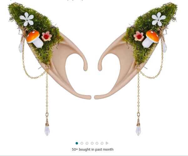 FRESHME Mushroom Fairy Elf Ears - Handmade Soft Forest Elf Ear Cuffs with Moss Flower and Mushroom Non Pierced Woodland Crystal Ear Clips Women Renaissance Carnival Cosplay Party Costume Accessories | EZ Auction