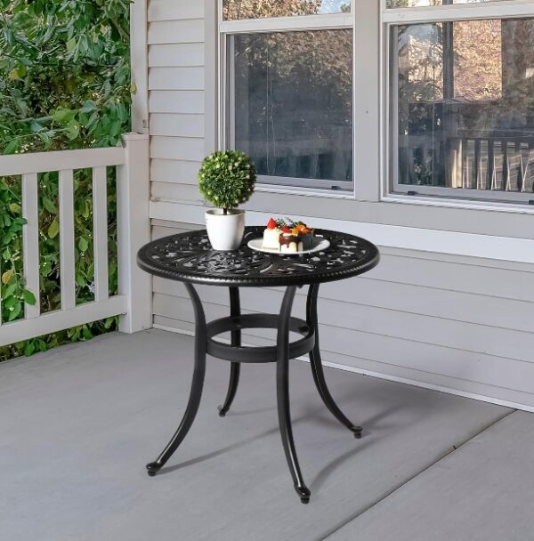 Patio Side Table, 23.6in Outdoor Round Cast Aluminum Bistro Table with Umbrella Hole and Antique Design for Backyard Porch Pool Balcony Deck Black | EZ Auction