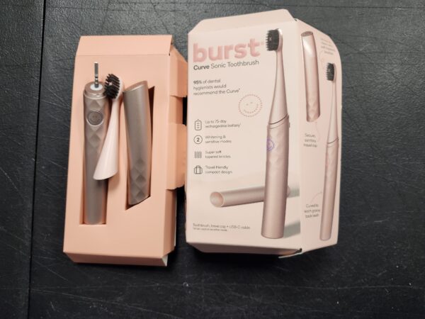 *** MISSING CHARGERNEW OPENED BOX***Burst Curve Sonic Electric Toothbrush for Adults – Slim, Curved Travel Toothbrush with Toothbrush Cover - Ultra Soft Bristles - Up to 2 Month Rechargeable Battery, 2 Sonic Modes, Timer - Rose Gold | EZ Auction