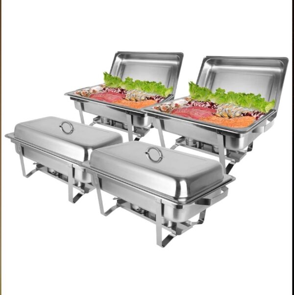 8 Qt 4 Pack Full Size Stainless Steel Chafing Dishes Buffet Set, NSF Silver Rectangular Catering Chafer Warmer Set with Trays Pan Lid Folding Frame Stand for Kitchen Party Banquet Dining | EZ Auction