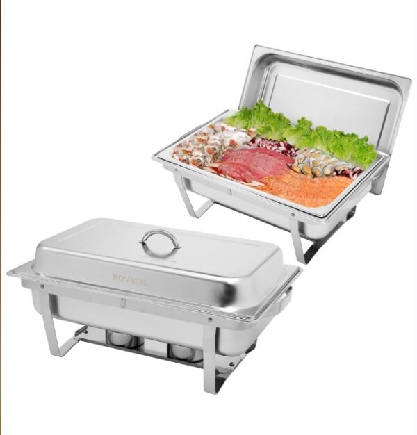 8 Qt 2 Pack Full Size Stainless Steel Chafing Dishes Buffet Set, NSF Silver Rectangular Catering Chafer Warmer Set with Trays Pan Lid Folding Frame Stand for Kitchen Party Banquet Dining | EZ Auction