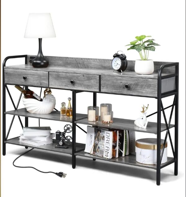 Console Table with USB Ports and Outlets, Entryway Table Sofa Table TV Stand with 3 Fabric Drawers 3 Tiers Storage Shelves, Industrial Entry Desk for Living Room Couch Hallway Wash Grey | EZ Auction