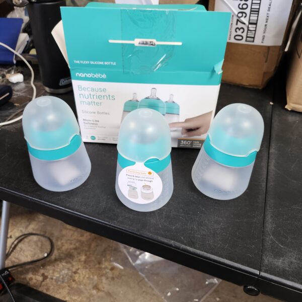 Nanobebe Flexy Silicone Baby Bottles, Anti-Colic, Natural Feel, Non-Collapsing Nipple, Non-Tip Stable Base, Easy to Clean - 3-Pack, Teal, 9 oz | EZ Auction