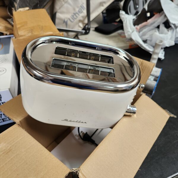 Mueller Retro Toaster 2 Slice with 7 Browning Levels and 3 Functions: Reheat, Defrost & Cancel, Stainless Steel Features, Removable Crumb Tray, Under Base Cord Storage, White | EZ Auction