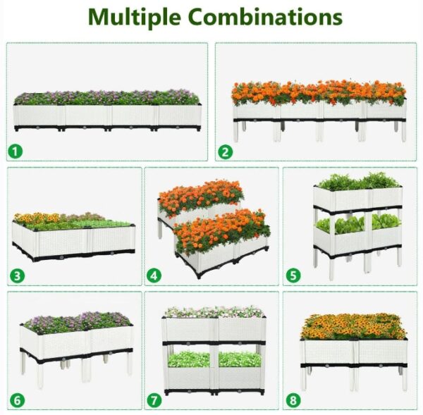 Raised Garden Bed Kit Set of 6, Elevated Planter Boxes with Self-Watering Design & Removable Legs, Outdoor Plastic Planter Box for Patio Yard Balcony Gardening, Rattan Pattern (White) | EZ Auction