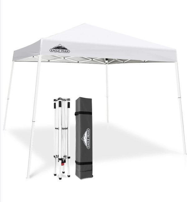 EAGLE PEAK 10x10 Slant Leg Pop-up Canopy Tent Easy One Person Setup Instant Outdoor Beach Canopy Folding Portable Sports Shelter 10x10 Base 8x8 Top (White) | EZ Auction