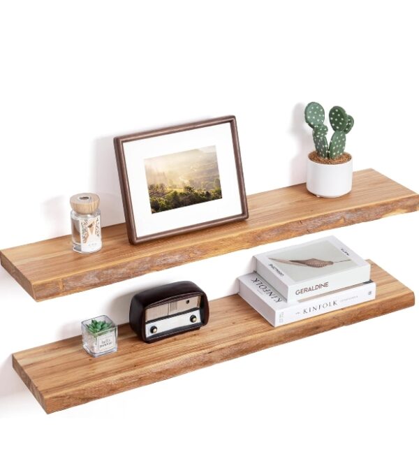 Floating Shelves for Wall Decor, Rustic Solid Elm Wood Floating Shelves Wall Mounted, Wall Shelves with Invisible Bracket for Living Room Bedroom Kitchen, 24 Inch Set of 2, Walnut | EZ Auction