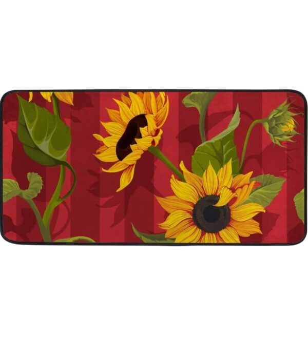 2PCS Kitchen Rug Kitchen Mat Sunflower Floral Red Stripes Bathroom Rug Hallway Entry Rugs Non Slip Soft Water Absorbent 39×20 Inch | EZ Auction