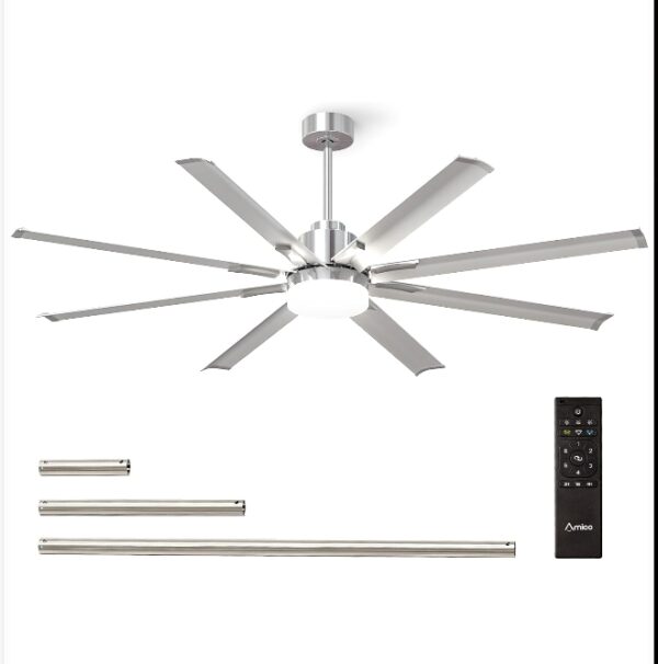 Amico Ceiling Fans with Lights, 72 inch Indoor/Outdoor Ceiling Fan with Remote Control, Reversible DC Motor, 8 Blades, 3CCT, Dimmable, Damp Rated Industrial Ceiling Fan for Bedroom, Patio (Nickel) | EZ Auction