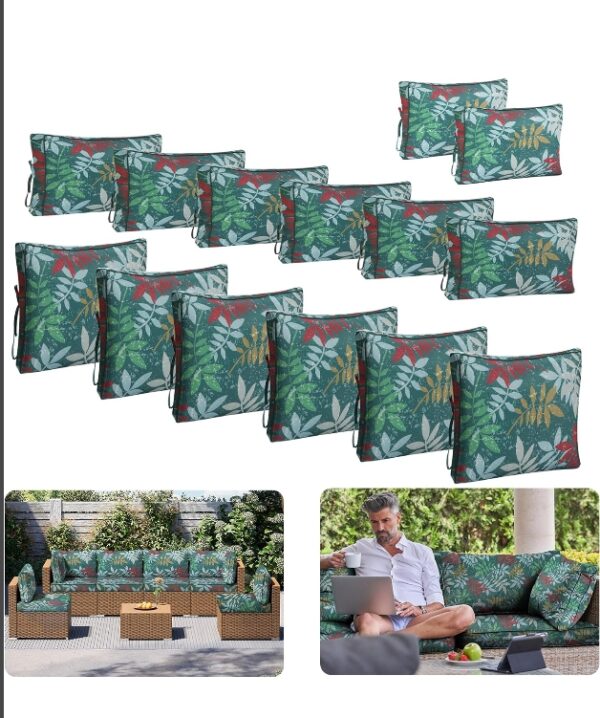 14 Pcs Patio Cushion Covers Replacement, Outdoor Waterproof Patio Sectional Rattan Sofa Set Washable Cushion Slipcovers with Zipper (Green Flower, 14 Pieces) | EZ Auction