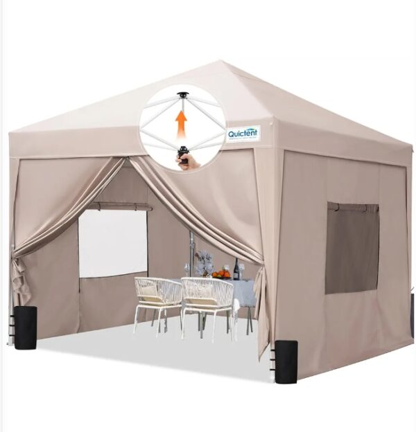 Quictent Privacy 8x8 Pop up Canopy Tent with Sidewalls and Roll-up Ventilated Windows, One Person Setup, Ez Outdoor Commercial Gazebo Shelter Enclosed Waterproof, Bonus 4 Sandbags (Beige) | EZ Auction