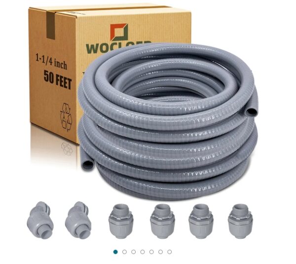Liquid-Tight Conduit - 1-1/4 inch 50 Feet Flexible Non Metallic Liquid Tight Electrical Conduit Kit, with 4 Straight and 2 Angle Fittings Included. 1-1/4" Dia | EZ Auction
