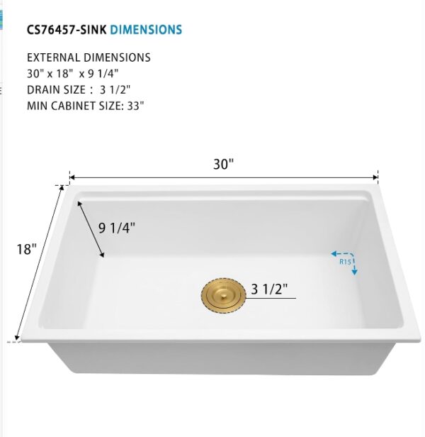 White Undermount Kitchen Sink 30 Inch, Deep Workstation Granite Composite Stone Kitchen Sink, Single Bowl Kitchen Sinks | EZ Auction