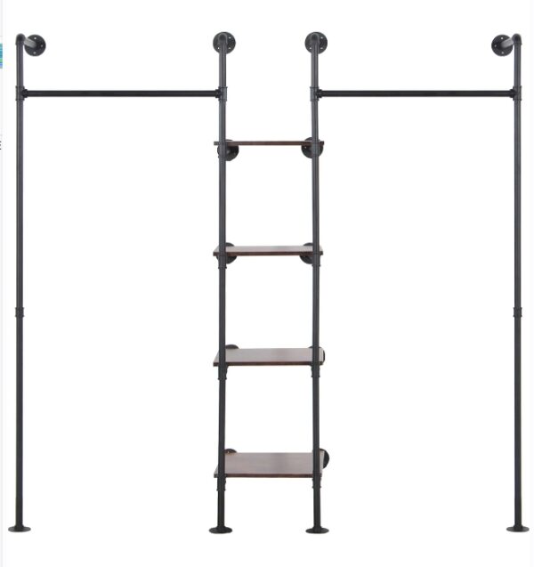 Wall Mounted Industrial Pipe Heavy Duty Clothes Rack, Clothing Rods for Hanging Clothes, Freestanding Clothing Rack with 2 Hang Rods & 4 Shelves, 72.8" W x 17.7" D x 71" H | EZ Auction