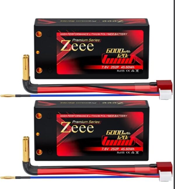 Zeee Premium Series 2S Shorty Lipo Battery 6000mAh 7.6V 120C Hard Case with 4mm Bullet to Deans Connector High Voltage Battery for RC 1/10 Scale Vehicles Car Trucks Boats RC Models (2 Pack) | EZ Auction