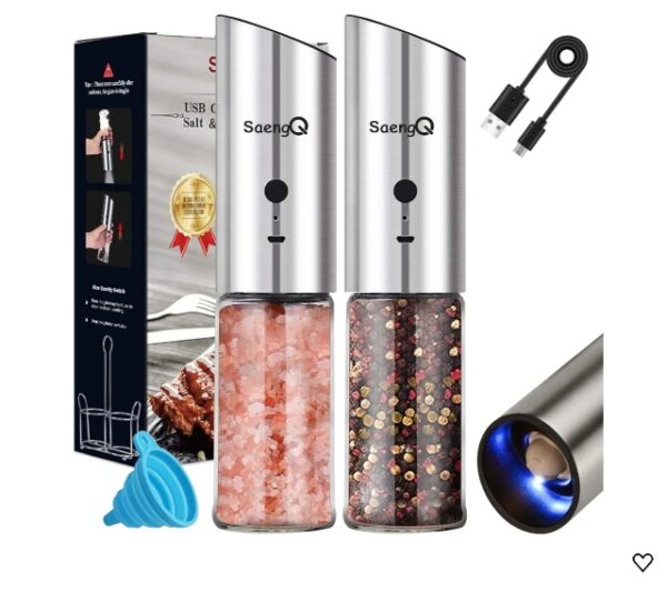 Gravity Electric Salt and Pepper Grinder Set of 2,USB Rechargeable Kitchen Electric Pepper Mill with Adjustable Grinder and LED Light,Tall Glass Salt and Pepper Grinders Refillable | EZ Auction