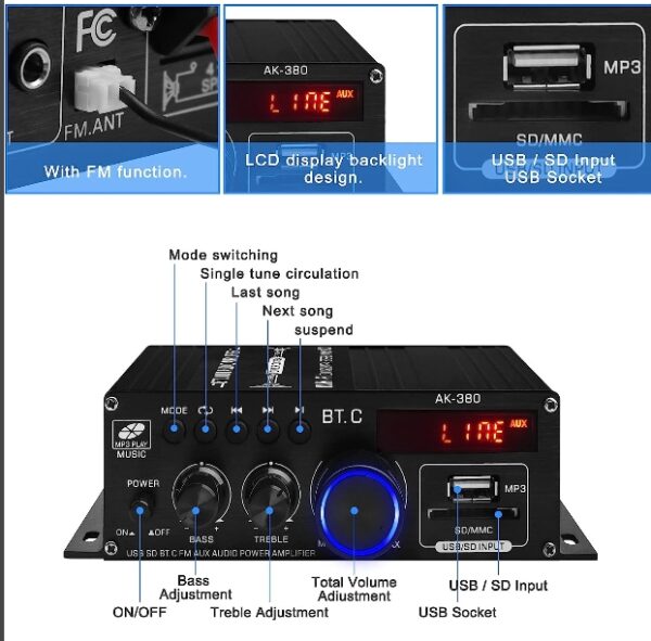 AK-380 USB SD BT.C FM AUX Audio Power Amplifier 400W+400W 2.0 CH Hifi Stereo AMP Speaker Bluetooth 5.0 Amp Receiver with 12V 5A Power Supply,Remote Control,FM Antenna for Car Home Bar Party | EZ Auction