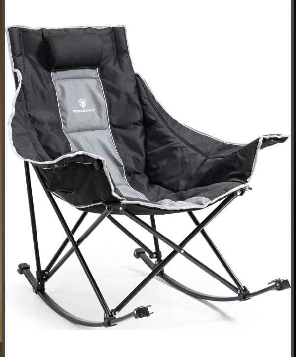 Dowinx Oversized Rocking Camping Chair, Fully Padded Patio Chair with Side Pocket and Carry Bag, High Back Portable Lawn Recliner with Headrest, Support 300 lbs, Grey | EZ Auction