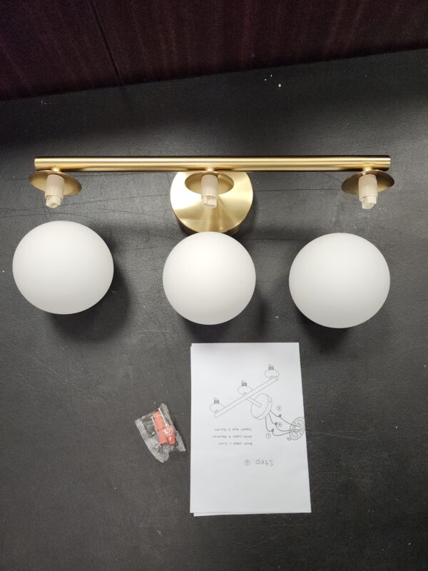 Bathroom Vanity lights, Mid-Century Modern Brass Gold Bathroom Light Fixtures, 3-Light Gold Bathroom Lights Over Mirror, Dimmable Wall Sconces Wall Light Fixture with Frosted Milky Glass, G9 Base | EZ Auction