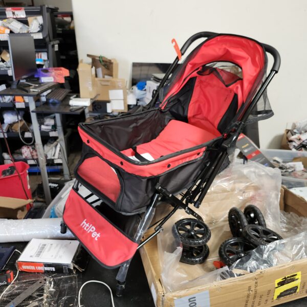 *** USED *** Reversible Handlebar Pet Stroller for Medium Dogs, Dog Stroller with 360 Rotating Front Wheel, Foot Brake, Wide Mesh Canopy, 2 Security Leashes, Cup Holder, and Storage Basket (Red Black) | EZ Auction