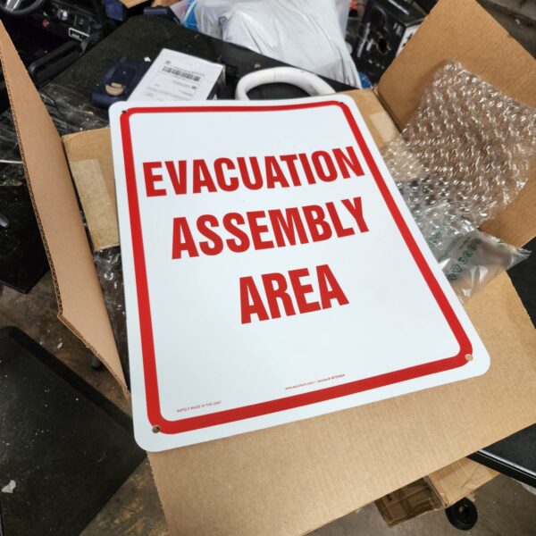 ComplianceSigns.com Evacuation Assembly Area Sign, Reflective White, 18x12 Inch on 80 mil Aluminum for Emergency Response | EZ Auction