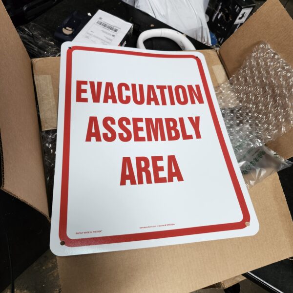 ComplianceSigns.com Evacuation Assembly Area Sign, Reflective White, 18x12 Inch on 80 mil Aluminum for Emergency Response | EZ Auction