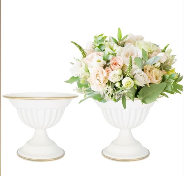 White Flower Vases for Centerpieces: Wedding Compote Bowl 5.1 Inch Small Urn Vase Metal Pedestal Vase for Table Party Event Home Set of 2 | EZ Auction