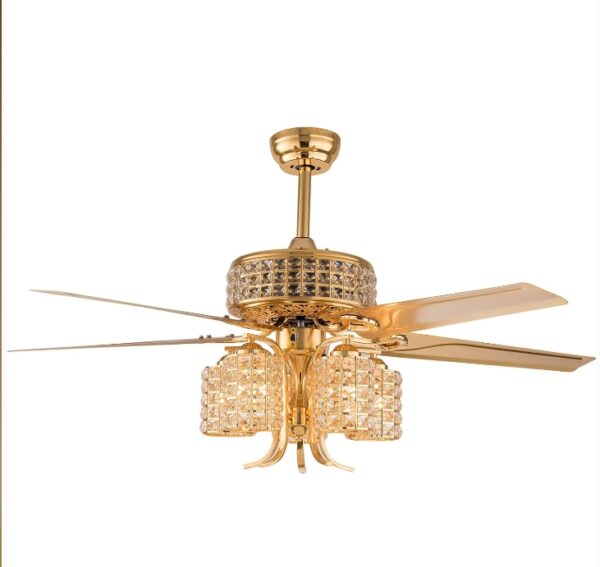 52" Crystal Gold Ceiling Fan Light Fixture,5 Lights Gorgeous Modern Crystal LED Chandelier with 5 Iron Reversible Blades Indoor Crystal Fan,E26x5 (Not Included) | EZ Auction