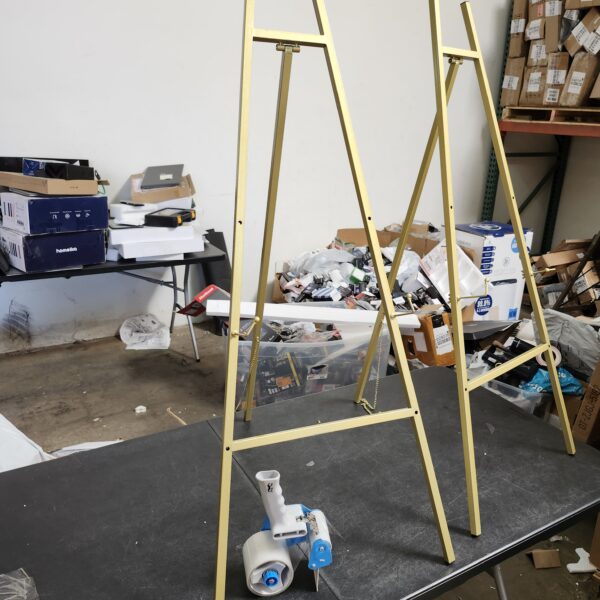 *** USED *** 2PCS Deco 79 Metal Geometric Tall Adjustable Minimalistic Display Stand Floor 3 Tier Easel with Chain Support, 20" x 18" x 56", Gold | EZ Auction