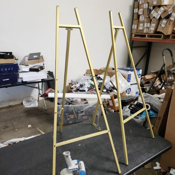 *** USED *** 2PCS Deco 79 Metal Geometric Tall Adjustable Minimalistic Display Stand Floor 3 Tier Easel with Chain Support, 20" x 18" x 56", Gold | EZ Auction