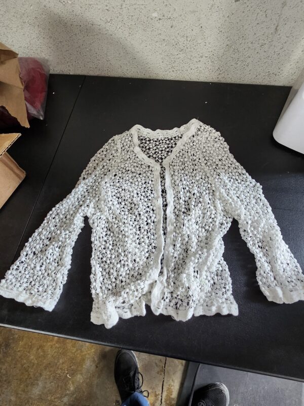 Women Flare Long Sleeve Shrug Cardigan Hollow Out Crochet Knitted Open Front Sheer Lace Cover Up Loose Outwear | EZ Auction