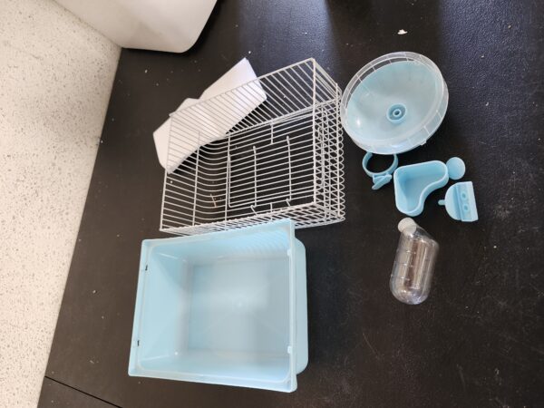 Pet Hamster Cage with Running Wheel Water Bottle Food Basin Portable Carrier House Mice Home Habitat for Going Out, Traveling (Blue) | EZ Auction