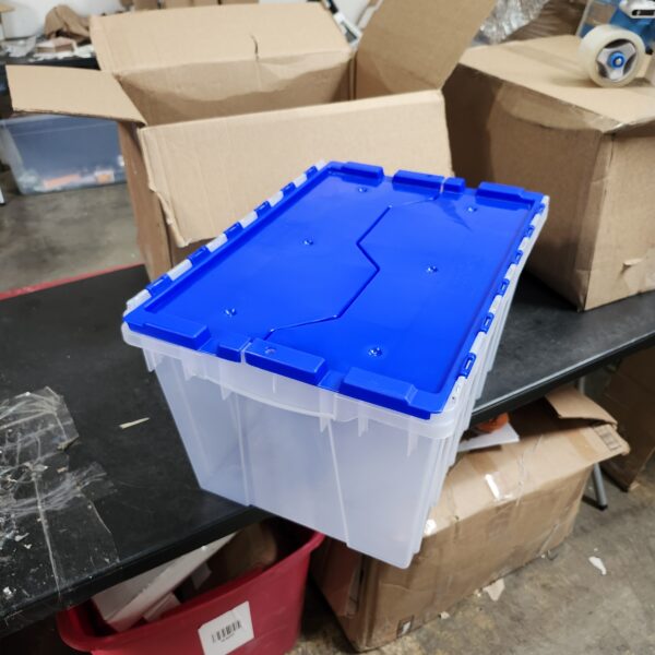 12-Gallon Plastic Stackable Storage KeepBox: Tote Container with Attached Hinged Lid, 21-1/2-Inch x 15-Inch x 12-1/2-Inch, Clear/Blue | EZ Auction