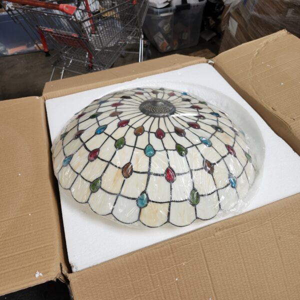 ***ONLY THE SCREEN*** Tiffany Ceiling Light, KWOKING 3 Lights Colorful Glass Shade Flush Mount Ceiling Light,Beige Handmade Lamp for Bedroom 16 inches | EZ Auction