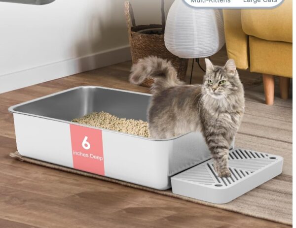 6" Deep & Extra Large Stainless Steel Cat Litter Boxes with 36L Big Capacity, High Sides Metal Cat Litter Box for Multi-Cats Big Cats XL Metal Litter Pan Tray, Non-Sticky, Easy Cleaning | EZ Auction